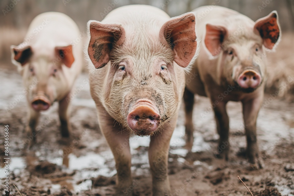 A close-up photo of large pigs wallowing in the mud, focusing on their expressive eyes and soft pink skin. The background is blurred to highlight the pigs. A close-up photo of large pigs wallowing in the mud, focusing on their expressive eyes and soft pink skin. The background is blurred to highlight the pigs.