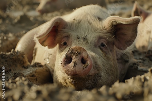 A close-up photo of large pigs wallowing in the mud, focusing on their expressive eyes and soft pink skin. The background is blurred to highlight the pigs. 