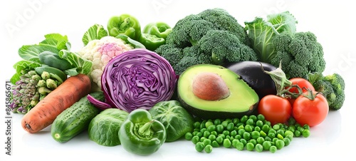 green peas, cabbage, sweet potato, avocado, tomato, onion, beetroot, pepper, eggplant, artichoke, broccoli and cucumber on a white background. 