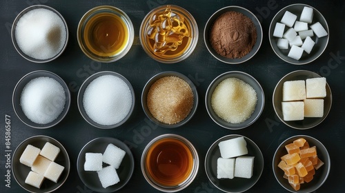Varieties of Sugar and Sweeteners in Bowls such as coconut refined cane frosting maple syrup rich dark brown sugar honey and demerara cubes