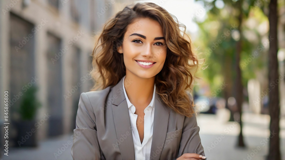 Young happy pretty smiling professional business woman, happy confident positive female entrepreneur standing outdoor on street arms crossed, looking at camera, Generative AI Young happy pretty smiling professional business woman, happy confident positive female entrepreneur standing outdoor on street arms crossed, looking at camera, Generative AI