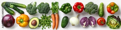 green peas, cabbage, sweet potato, avocado, tomato, onion, beetroot, pepper, eggplant, artichoke, broccoli and cucumber on a white background.  photo