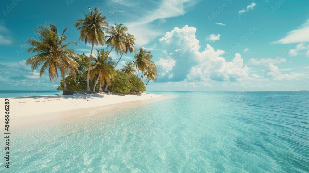 A small island with palm trees in the water near a beach, AI A small island with palm trees in the water near a beach, AI