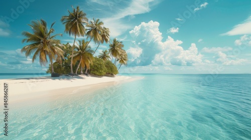 A small island with palm trees in the water near a beach  AI