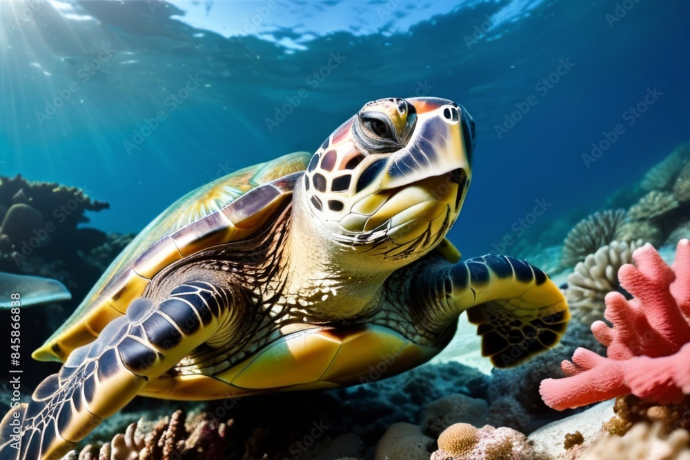 Turtle on the background of a coral reef. Turtle on the background of a coral reef.