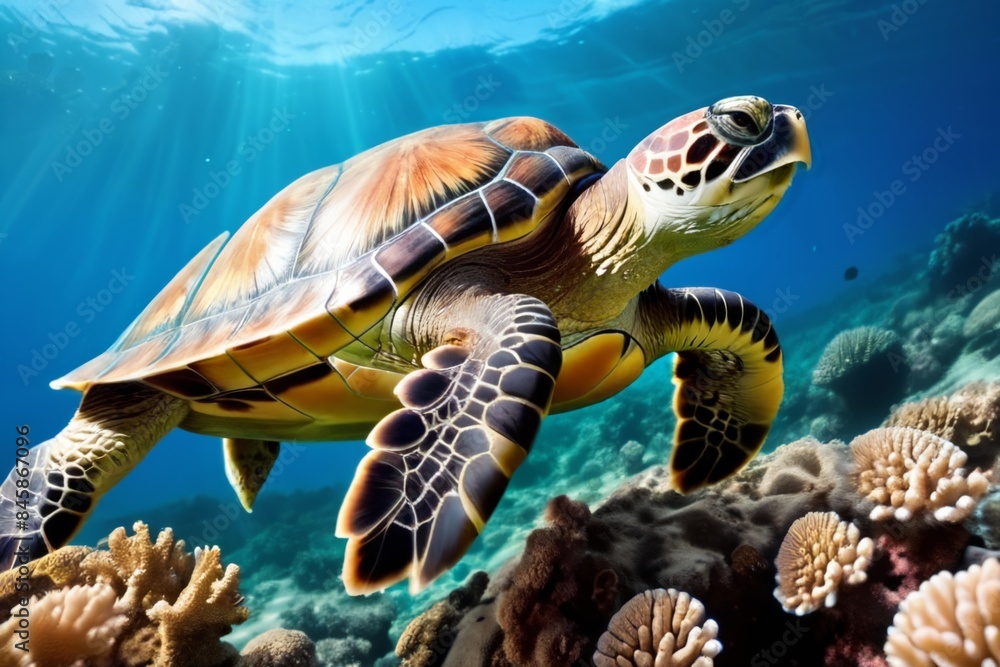 Turtle on the background of a coral reef. Turtle on the background of a coral reef.