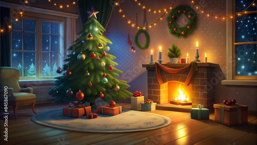 christmas interior with fireplace and decorations