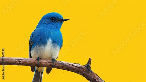 Blue bird ultramarine fly catcher perching on branch isolated on yellow background photo