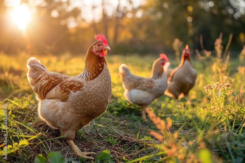 A photo of a group of chickens walking through the grass in an open farm field on a sunny day, with trees and greenery in the background, golden hour lighting. 