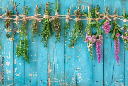 Various herbs hanging on an antique blue wooden background for seasoning photo