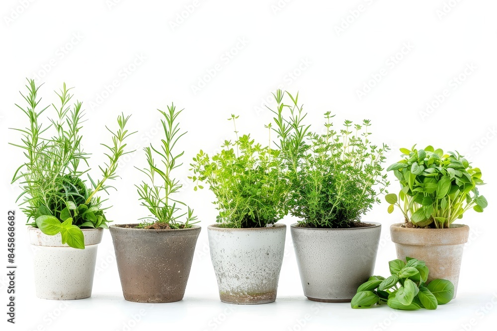 Fototapeta premium Various herbs in containers on a white backdrop