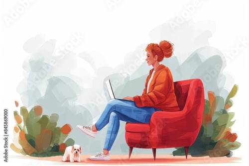A woman with red hair is sitting on a modern couch using a laptop, with a small white dog beside her, portraying a homely feel photo