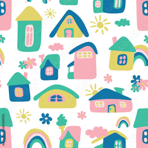 Home sweet home house silhouette with window, door and smoke seamless pattern. Funny houses of different shapes. Endless print background texture. Retro and vintage. Vector illustration.