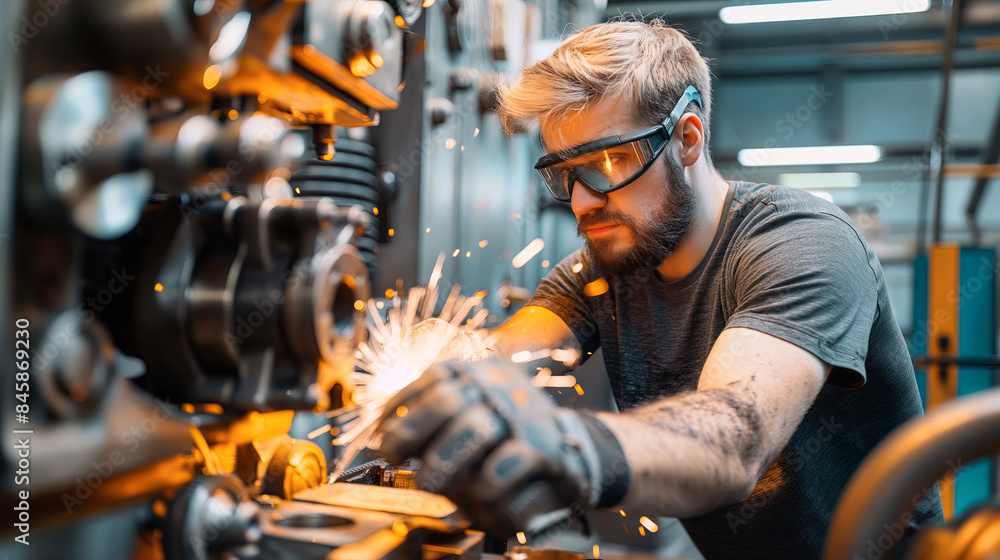 Skilled Worker Using Angle Grinder in Industrial Workshop