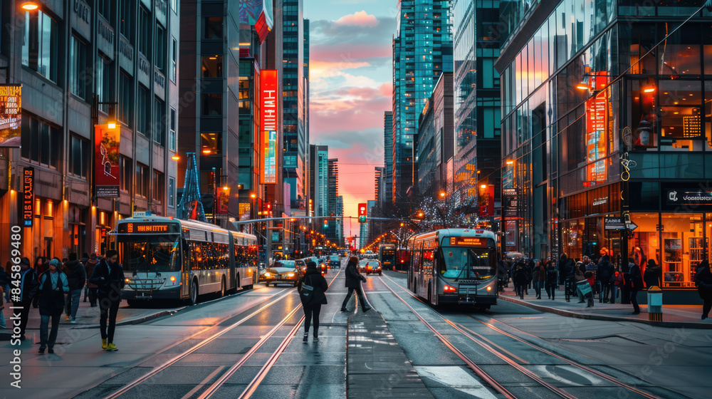 Obraz premium A busy city street with people walking, tall buildings, and vibrant urban energy