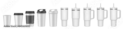 Thermo cup with handle and straw. 20, 30, 40 oz. Travel thermos. Set of white mugs. Tumbler. Sport shaker,. Paper cup with plastic lid and cupholder