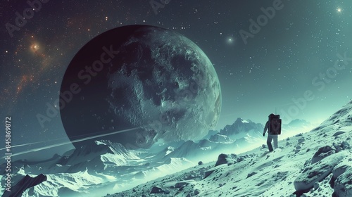 astronaut standing alone on an icy rocky terrain with large planet visible in star studded sky with sense of space exploration and solitude