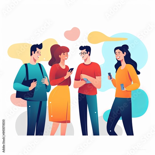 flat vector style illustration, a diverse group of people talking and collaborating, on white background 