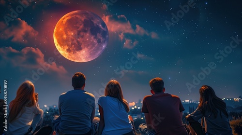 group of five individuals sitting gazing at large reddish full moon in night sky above cityscape  lunar eclipse blood moon event