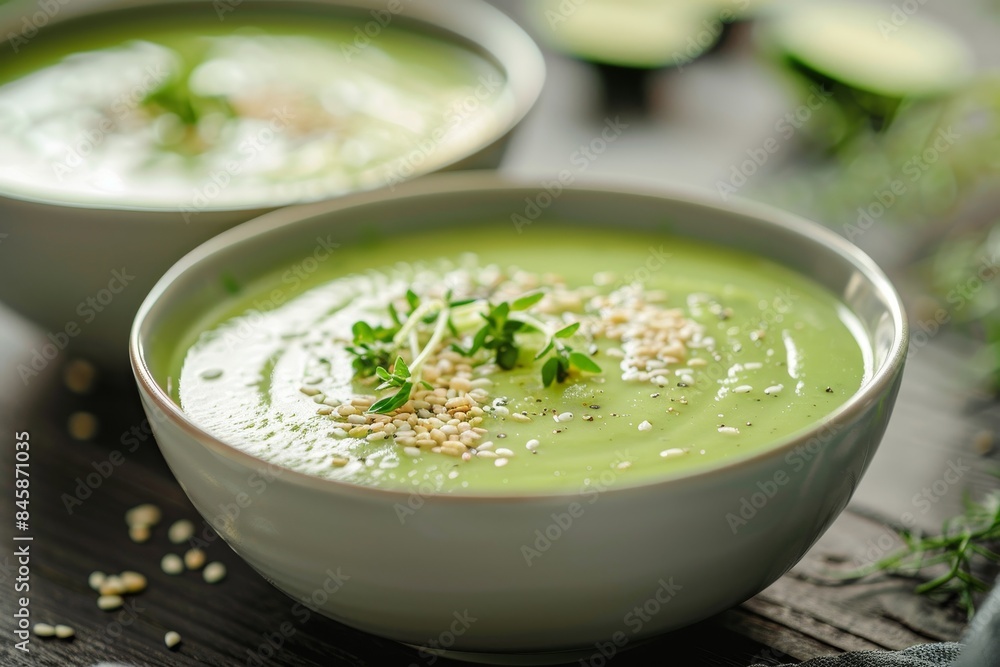 Zucchini soup with toasted sesame seeds photographed with natural light Zucchini soup with toasted sesame seeds photographed with natural light