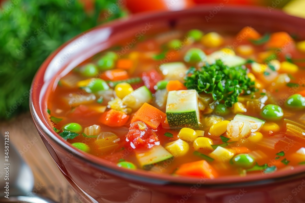 Vegetarian minestrone soup with zucchini tomato onion carrots corn peas and parsley close up photo Vegetarian minestrone soup with zucchini tomato onion carrots corn peas and parsley close up photo