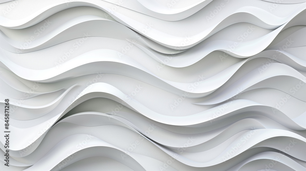 Obraz premium Abstract Wave Background. White Minimalistic Texture. Template 3d background. 3D pedestal podium with white paper swirl flow on white studio background. white background