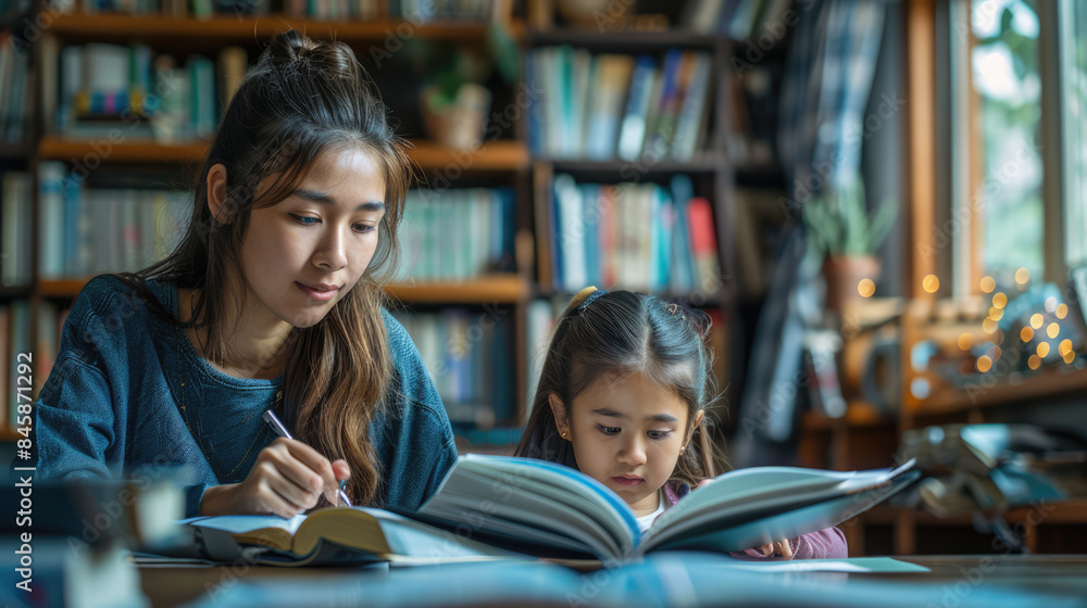 A child studying at home, surrounded by books and educational tools, with a parent assisting A child studying at home, surrounded by books and educational tools, with a parent assisting