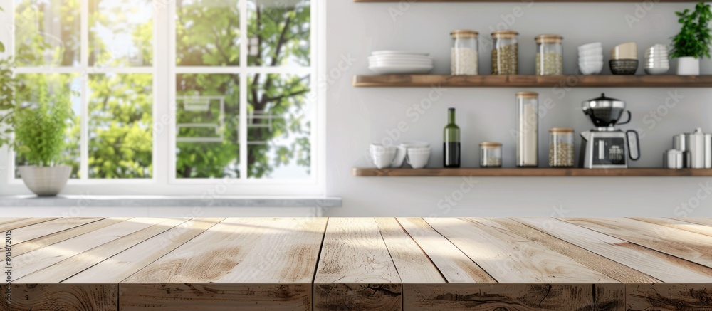 Blurred kitchen window shelves and a empty, textured wooden table in the background Blurred kitchen window shelves and a empty, textured wooden table in the background