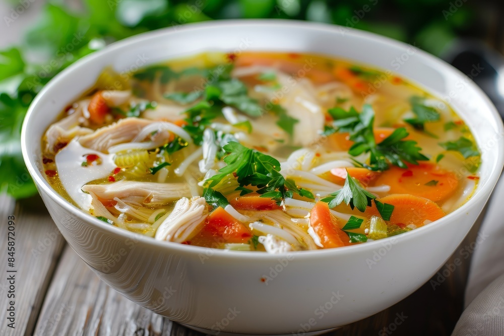 Vietnamese chicken soup with traditional spices served with noodles and fresh parsley in a white bowl Vietnamese chicken soup with traditional spices served with noodles and fresh parsley in a white bowl