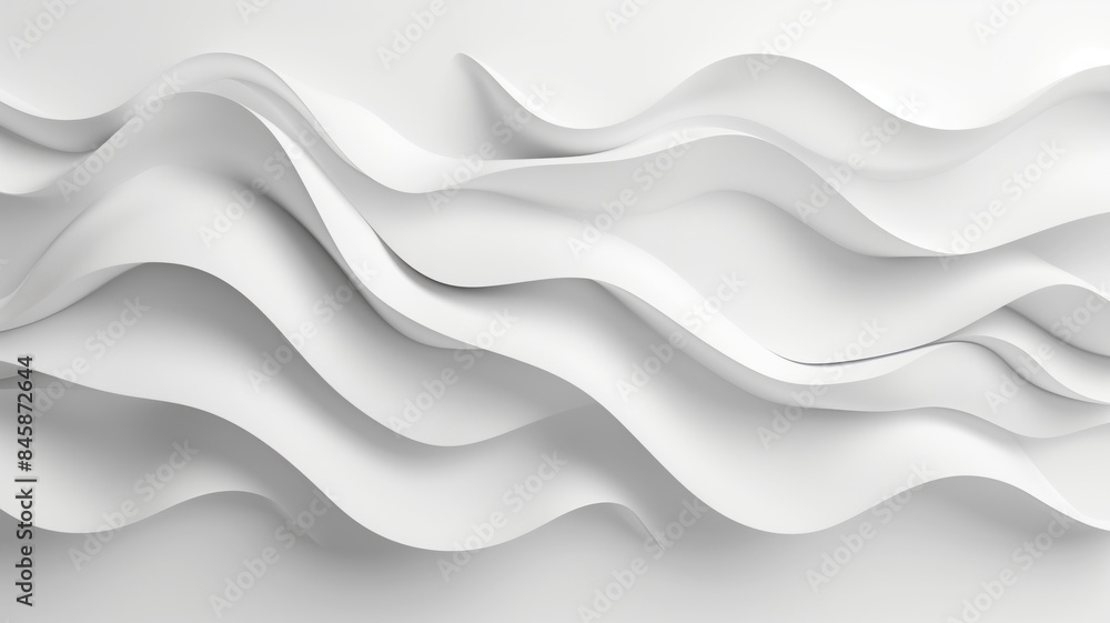 Obraz premium Abstract Wave Background. White Minimalistic Texture. Template 3d background. 3D pedestal podium with white paper swirl flow on white studio background. white background