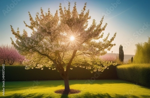 spring, flowering fruit trees, apple buds, garden, everything blooms, at sunset, cover, wallpaper, big tree in flowers photo