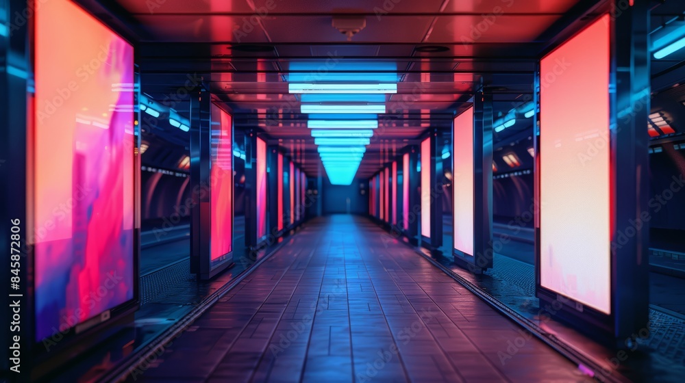 Mockup of 6-sheet lightbox advertising in an underground tunnel, highlighting urban design and illuminated display Mockup of 6-sheet lightbox advertising in an underground tunnel, highlighting urban design and illuminated display