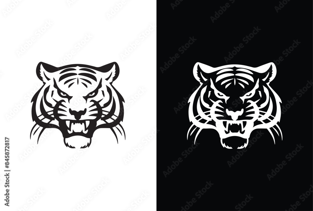 Tiger head Silhouette icon with white black background. Tiger head Silhouette icon with white black background.