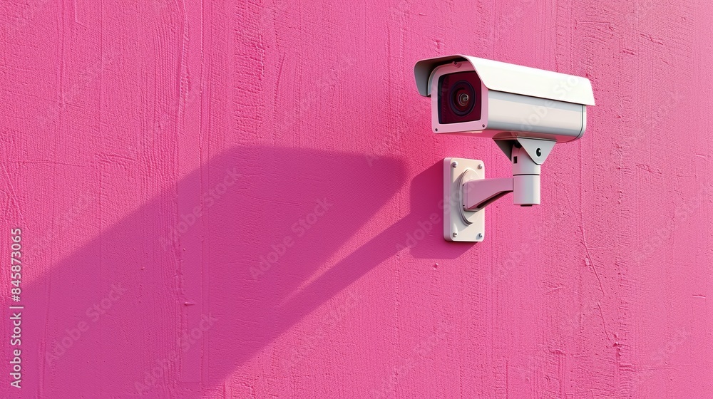 Modern security camera in white, fixed on a bright pink wall, highlighting minimalism and a clean, photo-realistic look Modern security camera in white, fixed on a bright pink wall, highlighting minimalism and a clean, photo-realistic look