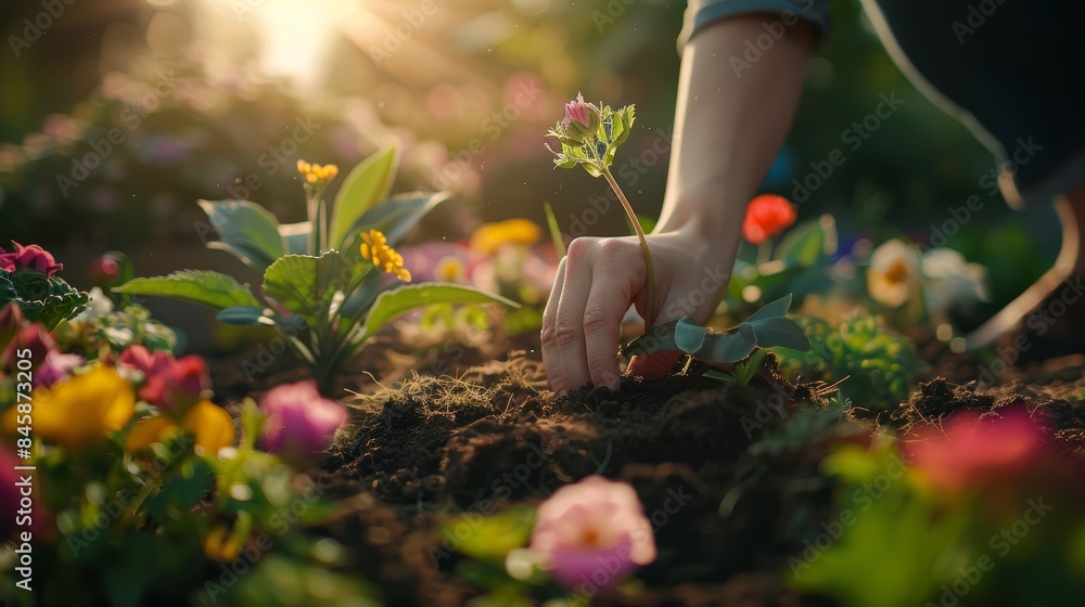 Fototapeta premium Morning garden planting with a woman, close-up of her hands placing flowers in the soil, detailed and photo-realistic