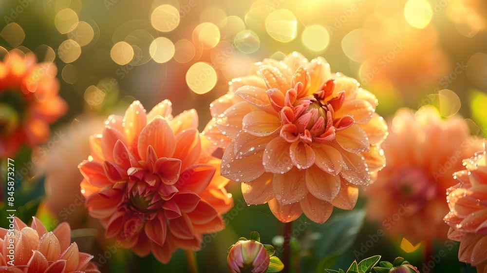 Numerous Dahlia flowers with dewdrops, under the warm sunset light in a rustic garden, close-up, highly detailed Numerous Dahlia flowers with dewdrops, under the warm sunset light in a rustic garden, close-up, highly detailed