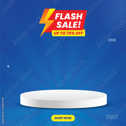 Flash sale social media post with podium and blue background. Vector design for social media. Flash sale mnemonic. Blue template.