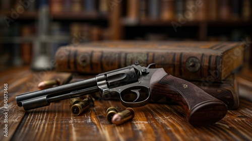 Revolver and Ammunition on Wooden Table With Old Books