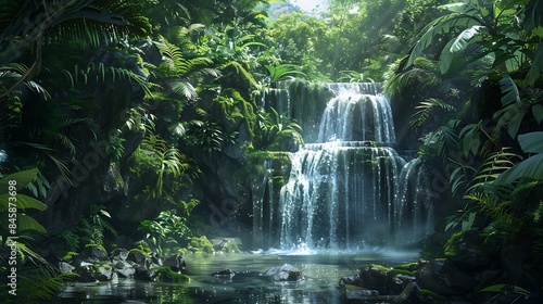 A lush tropical waterfall cascading down moss-covered rocks into a crystal-clear pool below  surrounded by dense jungle foliage.