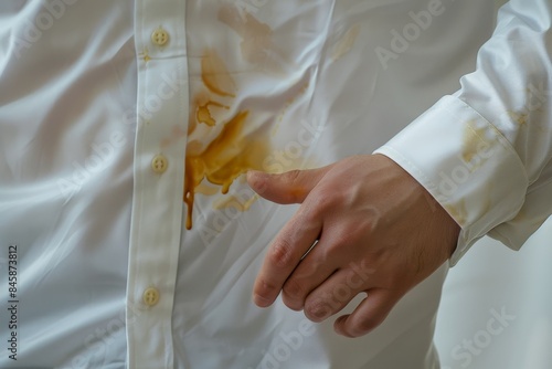 Visual assessment of yellow liquid stains on a white shirt caused by a dirty cosmetic source Photo depicts everyday stain concept with high quality photo