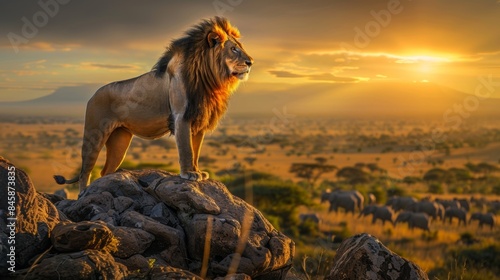 A lion standing on top of a rock in the middle of an open field, AI