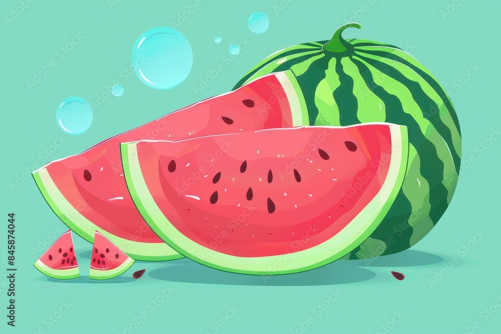 Colorful illustration of watermelons with slices and whimsical bubbles, emphasizing summer and freshness Colorful illustration of watermelons with slices and whimsical bubbles, emphasizing summer and freshness