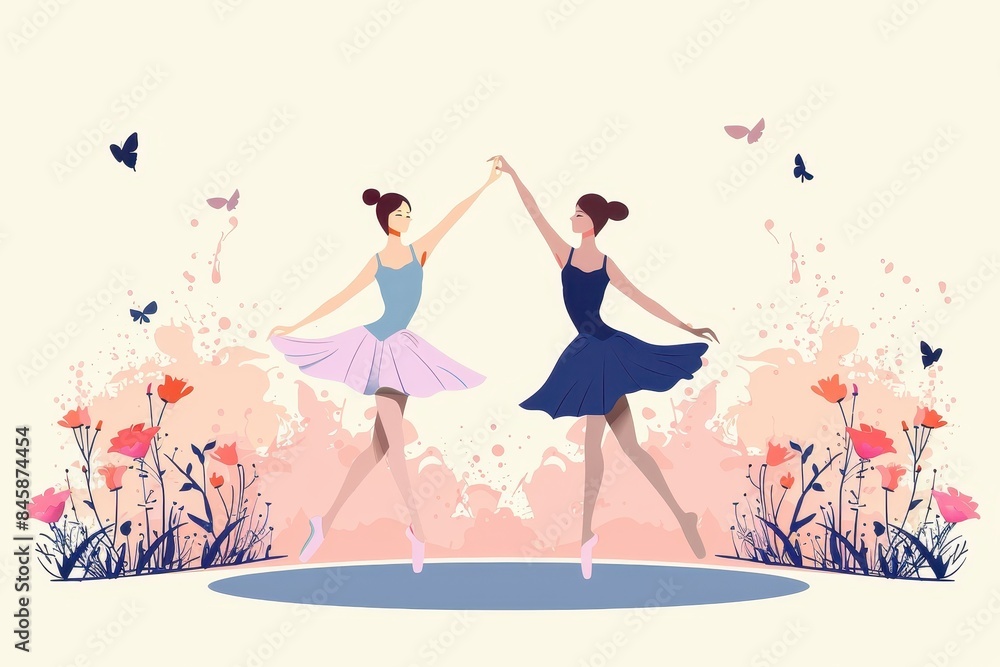 Two ballerinas are depicted in a colourful, stylized outdoor setting with butterflies and flowers Two ballerinas are depicted in a colourful, stylized outdoor setting with butterflies and flowers
