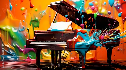 Abstract illustration of a piano in an explosion of colorful paint on a colorful background