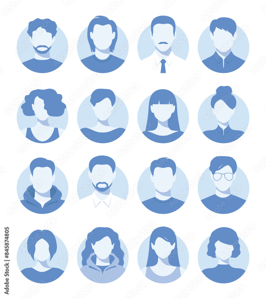 Abstract female and male faceless portraits, avatars or anonymous profiles. Set of woman and man abstract face icons in blue colors. Vector illustration Abstract female and male faceless portraits, avatars or anonymous profiles. Set of woman and man abstract face icons in blue colors. Vector illustration