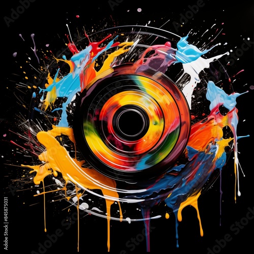 Abstract illustration of a vinyl record in an explosion of colorful paint on a black background