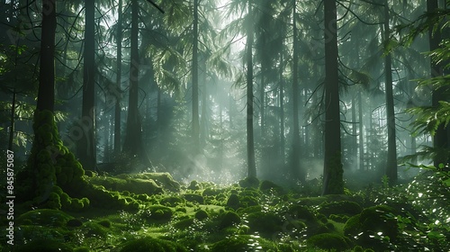 A misty morning in a tranquil forest, with sunlight filtering through the dense canopy to illuminate the moss-covered forest floor.