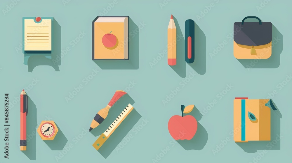 Back to school flat design icon collection set against a simple flat background Back to school flat design icon collection set against a simple flat background