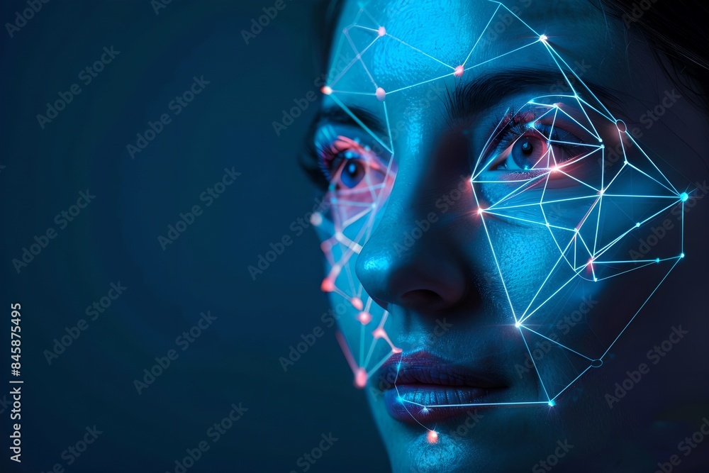 Woman with digital biometric scanning program on dark blue background. Face detection and facial recognition. Face ID and artificial intelligence concept. High tech security system. Studio portrait Woman with digital biometric scanning program on dark blue background. Face detection and facial recognition. Face ID and artificial intelligence concept. High tech security system. Studio portrait