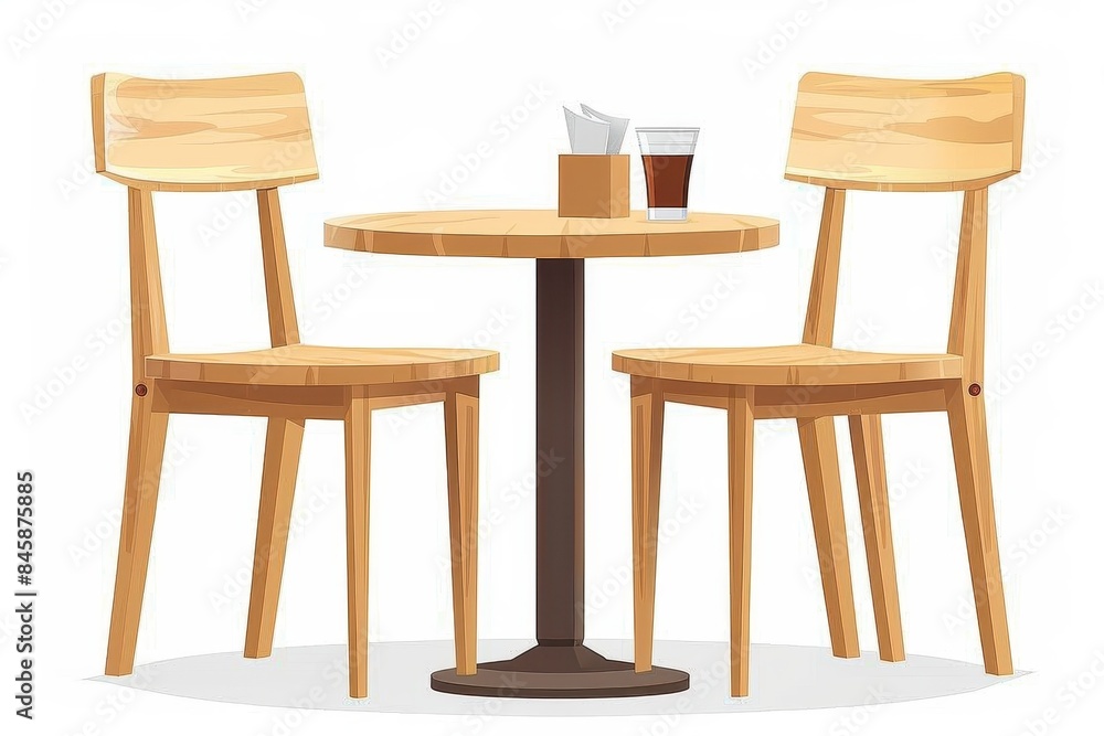 Vector graphic of a wooden table and chairs with a beverage and napkins, evoking a cozy feeling Vector graphic of a wooden table and chairs with a beverage and napkins, evoking a cozy feeling